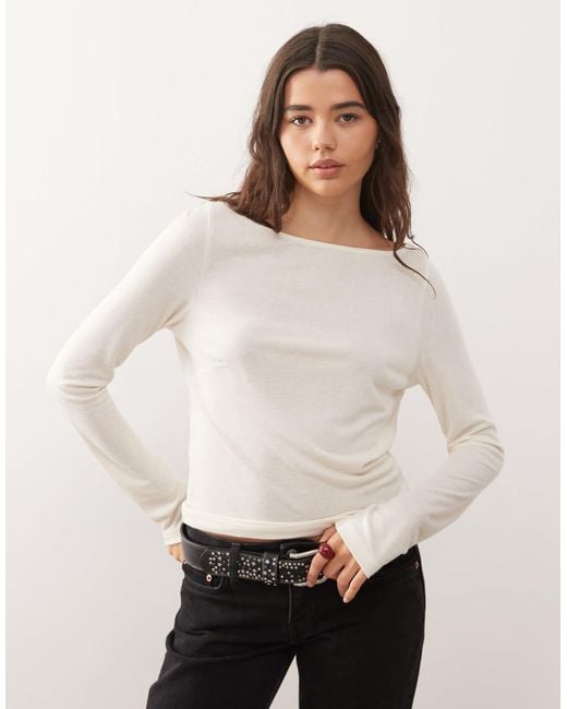 Collusion White Slash Neck Textured Long Sleeve Top