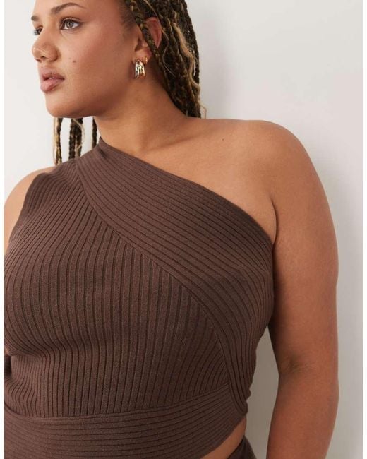 ASOS Brown Asos Design Curve One Shoulder Knit Rib Top Co-Ord