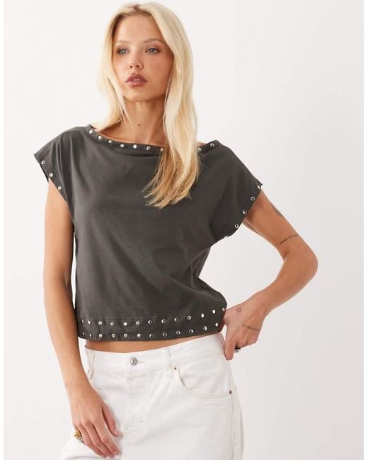 Motel Gray Damaria Off The Shoulder Stud Detail Top
