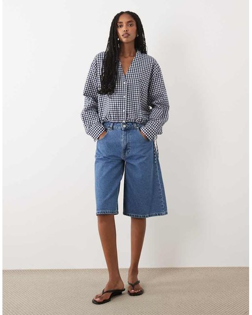 ARKET Blue Seersucker Bubble Hem Blouse