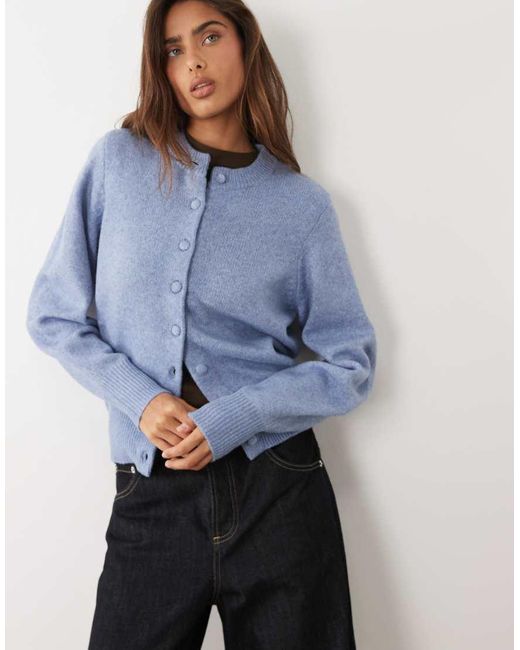 ASOS Blue Waisted Crew Neck Cardigan With Wool With Covered Buttons