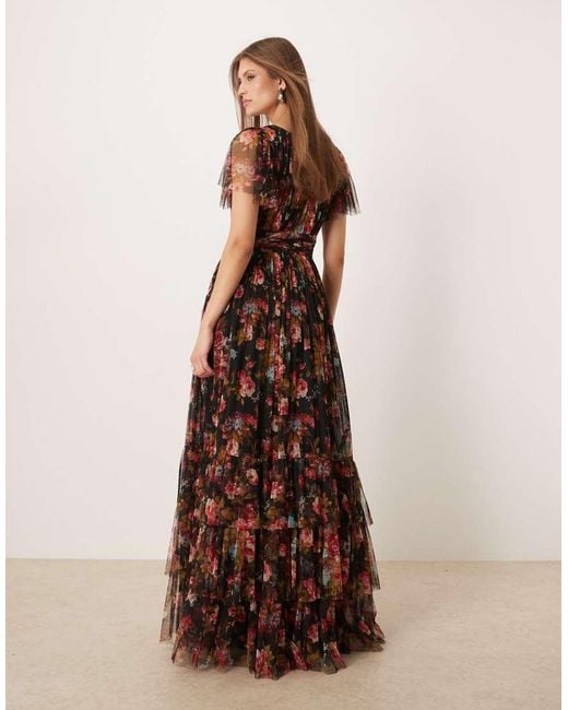 LACE & BEADS Brown Tulle Flutter Sleeve Deep V Maxi Dress