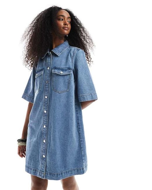 Vero Moda Blue Oversized Button Front Short Sleeve Denim Dress