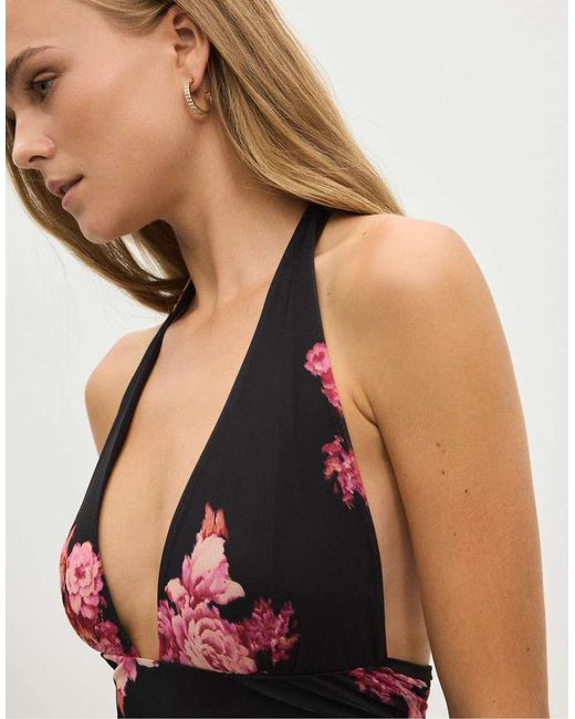 Stradivarius Black Floral Print Fitted Tulle Short Dress