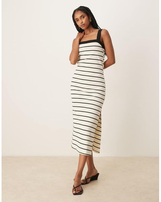 Mango White Square Neck Striped Straight Fit Midaxi Dress