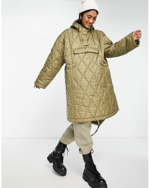 Longline Quilted Trapeze Liner Jacket With Hood in Green Lyst