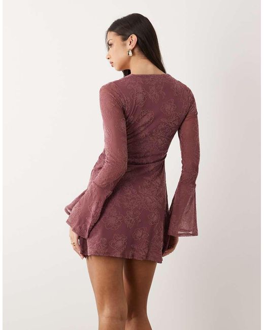 ASOS Brown Flocked Open Square Neck Mini Dress With Flute Sleeve Detail
