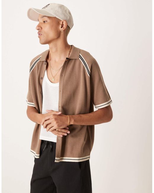 ASOS Natural Relaxed Knitted Button Through Polo for men