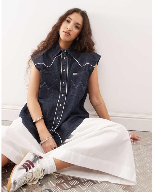 Wrangler Mouwloos Western Denim Overhemd in het Blue