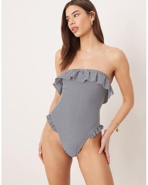 ASOS Blue Scarlet Stripe Bandeau Frill Swimsuit