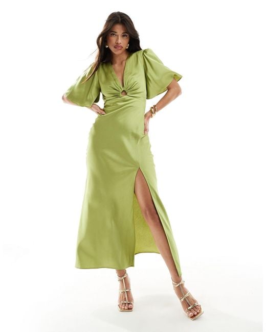 Abercrombie & Fitch Green Satin Flutter Sleeve Maxi Dress