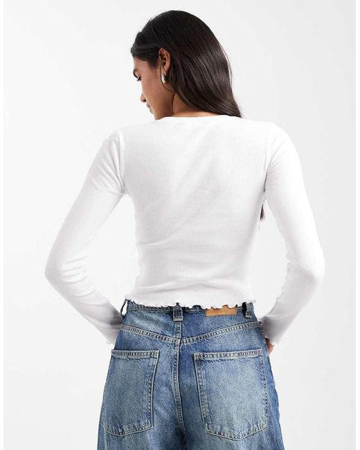 Brave Soul White Cotton Long Sleeve T-shirt With Lettuce Hem