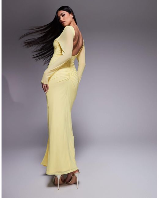 ASOS Yellow Mesh Long Sleeve Slash Neck Open Back Maxi Dress With Sash