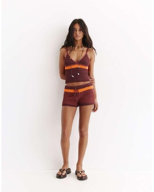 Pull&Bear Red Striped Crochet Knit Top