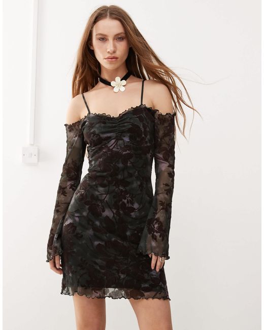 Collusion Natural Off Shoulder Printed Flock Mini Dress