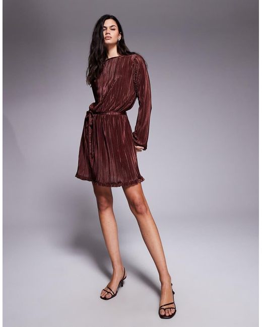 ASOS Purple Plisse Long Sleeve Tie Waist Mini Dress With Frill Detail