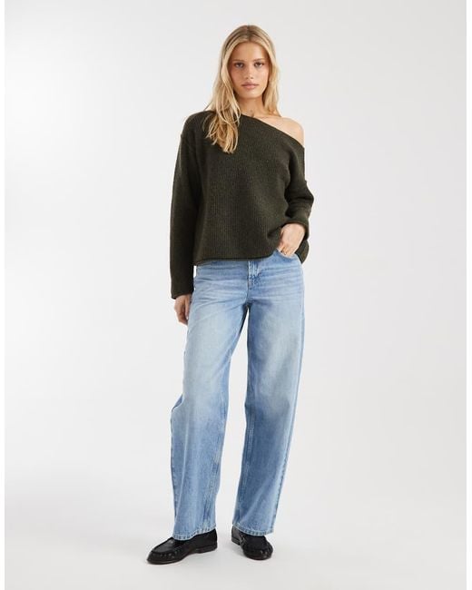Miss Selfridge Green Asym Off The Shoulder Slouchy Cosy Knit Jumper