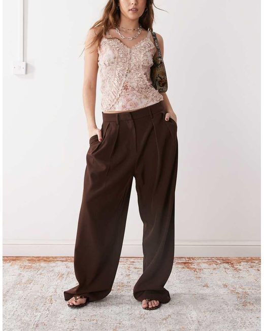 Motel Brown Nala Slouchy Wide Leg Low Rise Trousers