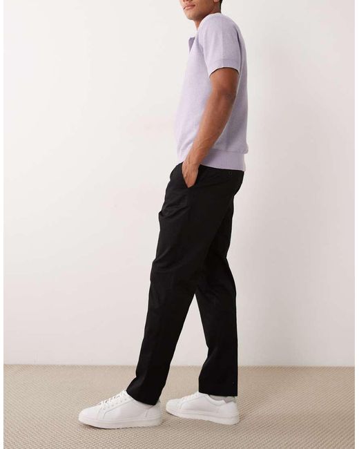 Mango Black 100% Cotton Straight Leg Adjustable Waist Trousers With Front Darts for men