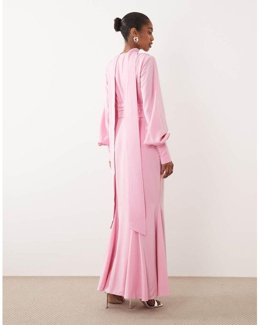 Pretty Lavish Pink Scarf Detail V-neck Deep Cuffs Satin Maxi Dress