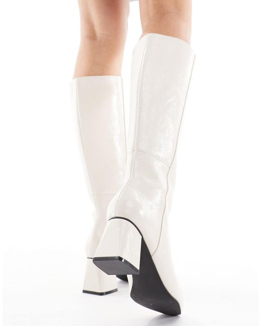 London Rebel White Nova Block Heeled Knee Boots