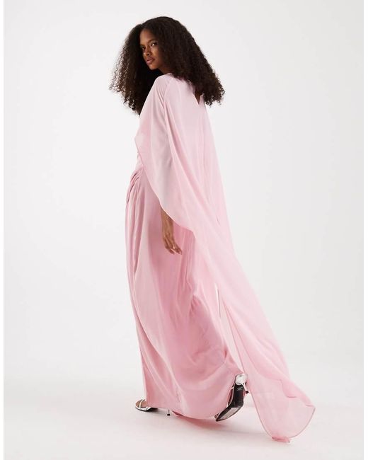 TFNC London Pink Bridesmaids Satin Maxi Dress With Mesh Cape