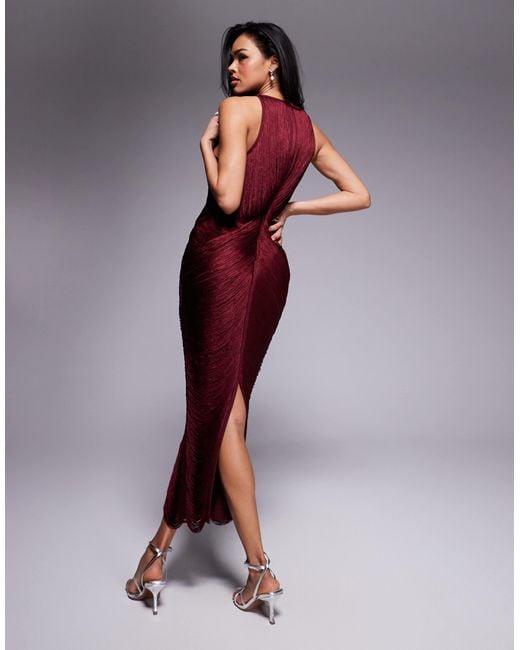 ASOS Racer Neck Draped Fringe Maxi Dress in Purple | Lyst