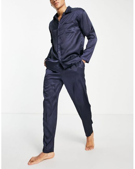 River Island Blue Sateen Shirt & Trackies Pyjama Set for men