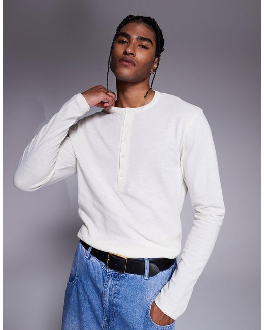 ASOS – langärmliges henley-t-shirt aus leinenmix in White für Herren