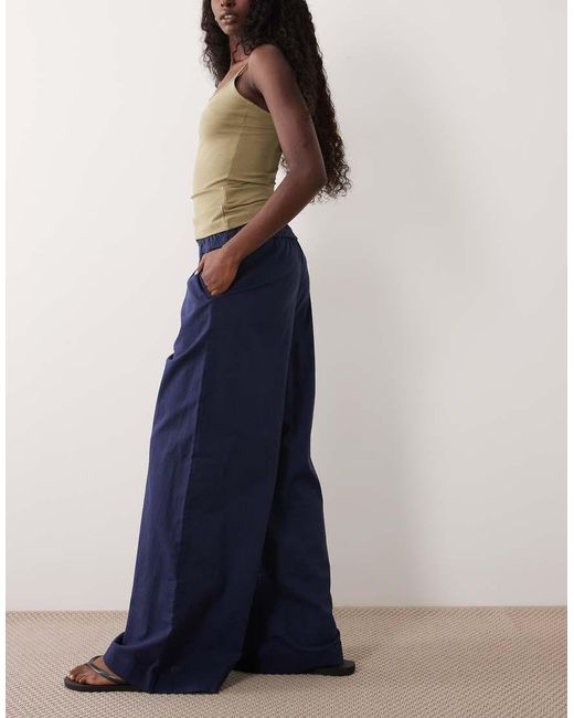 ASOS Blue Shirred Waist Linen Blend Pull On Trousers