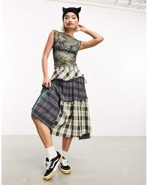 Collusion Deconstructed Gathered Panel Mixed Check Midi Skirt in White Lyst UK