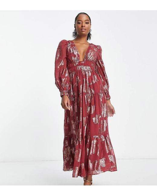 ASOS Red Asos Design Petite Metallic Channel Detail Midi Dress With Puff Sleeves And Tie Back Detail