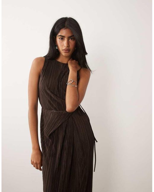 ASOS Natural Plisse Sleeveless Wrap Tie Front Maxi Dress