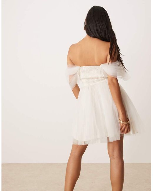 LACE & BEADS Natural Off Shoulder Tulle Mini Dress
