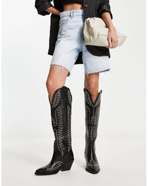 ASOS Black Chester Contrast Stitch Western Knee Boot