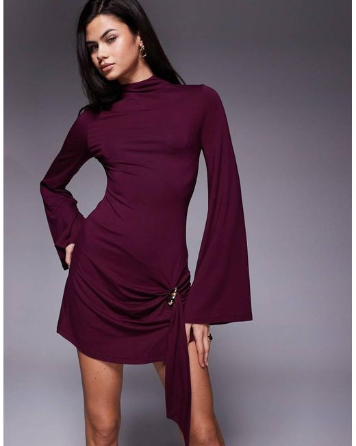 ASOS Purple High Neck Mini Dress With Gathe Hardware Trim Detail