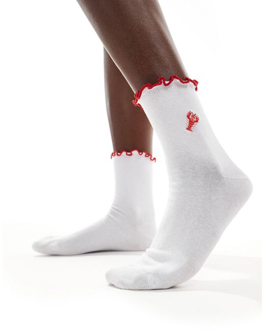 ASOS White Lobster Embroidery Socks With Frill Edge