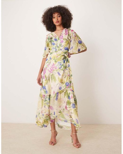 Hope & Ivy Natural Frill Sleeve Maxi Wrap Dress With Tie Waist