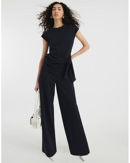 River Island Blue Drawstring Pinstripe Trousers