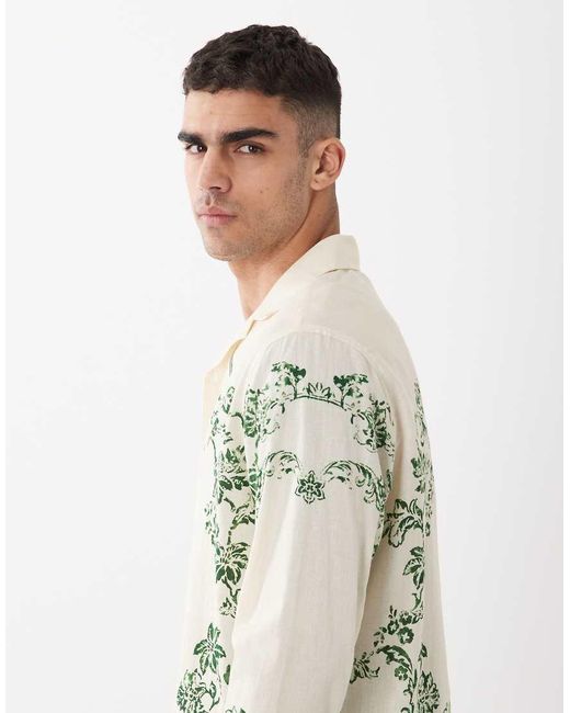 ASOS White Lien Look Relaxed Shirt With All Over Floral Print for men