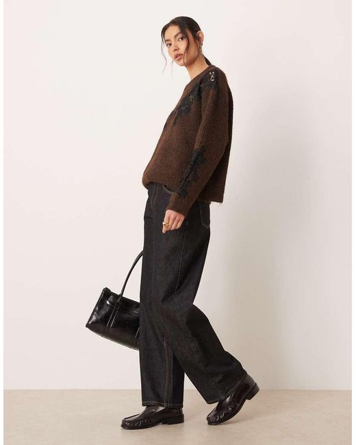 ASOS Brown Lace Insert Boxy Crew Neck Sweater