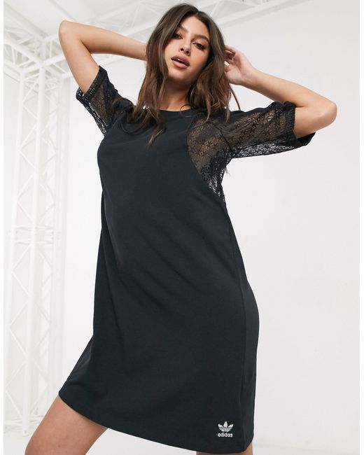 adidas Originals Bellista Lace Insert T-shirt Dress in Black | Lyst