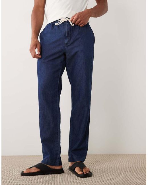 Mango Blue Linen Blend Denim Look Draw String Trousers for men