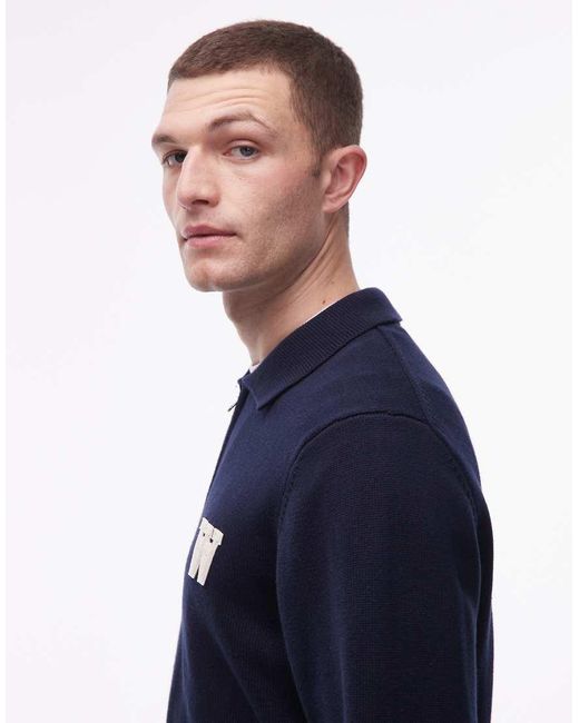DOUBLE A by WOOD WOOD Blue 100% Cotton Logo Zip Up Collar Cardigan for men