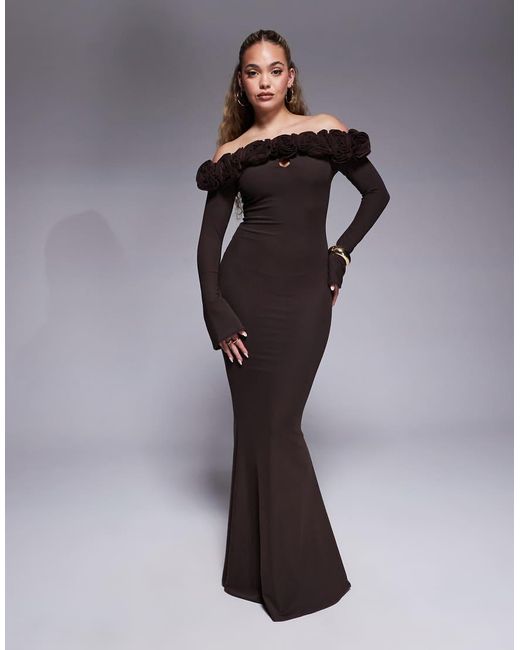 Wanderdoll Brown Ainsleigh Second Skin Bardot Corsage Detail Maxi Dress
