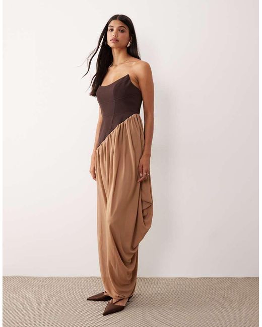 ASOS Pink Structured Curved Bandeau Neckline Midi Dress With Contrast Soft Draped Skirt