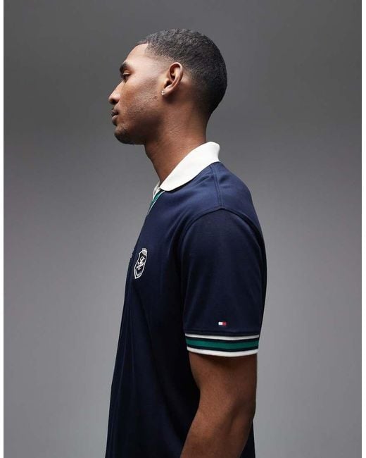 Tommy Hilfiger Blue V Neck Pique Relaxed Fit Polo Shirt for men