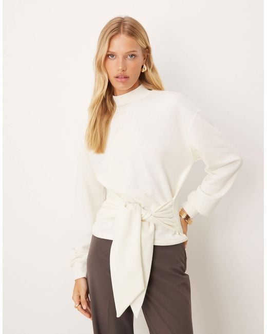 ASOS Natural Cinched Tie Detail Sweatshirt With Grown On Neck
