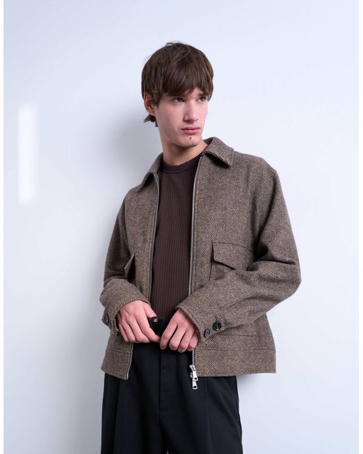 Topman Brown Herringbone Short Jacket for men