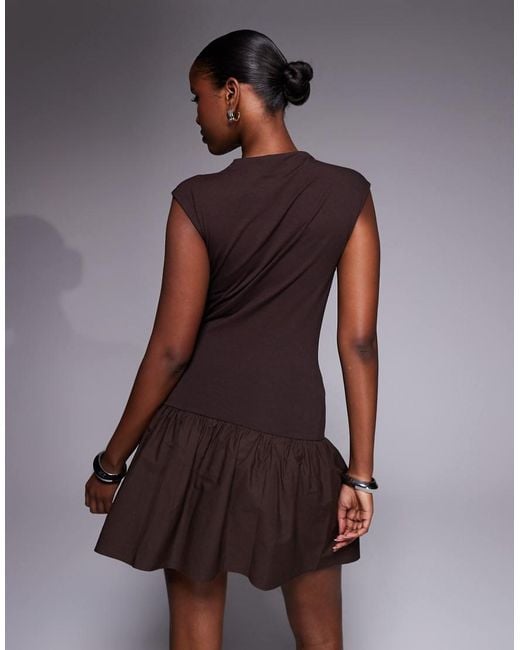 ASOS Brown Grown On Neck Mini Dress With Poplin Mix Skirt